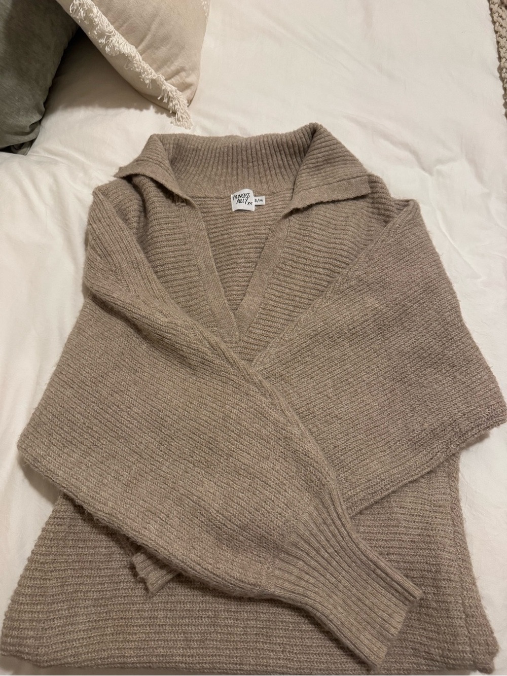Princess Polly Taupe Ribbed V-Neck Fold-Over Collar Sweater